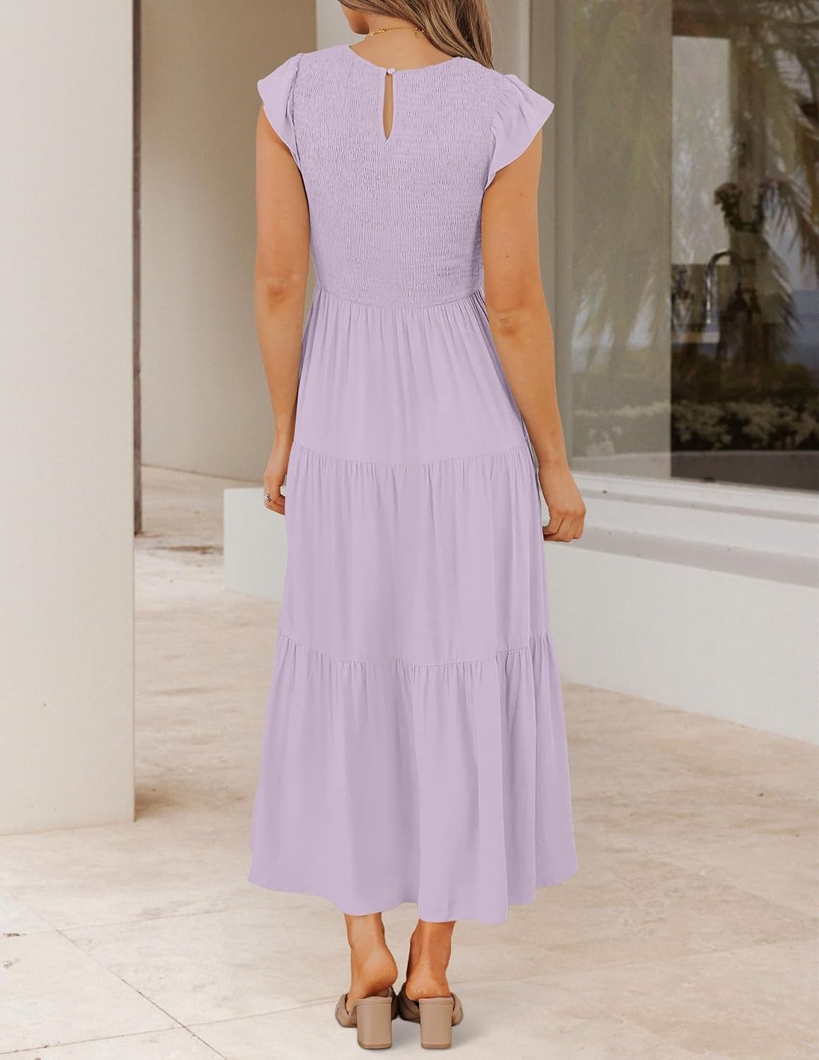 image:imageZESICA Womens 2026 Summer Casual Flutter Short Sleeve Smocked Midi Dress Crew Neck Elastic Waist Tiered Boho Flowy Dresses Soft Lightweight Fabric Beach Brunch Date PartyLight Purple