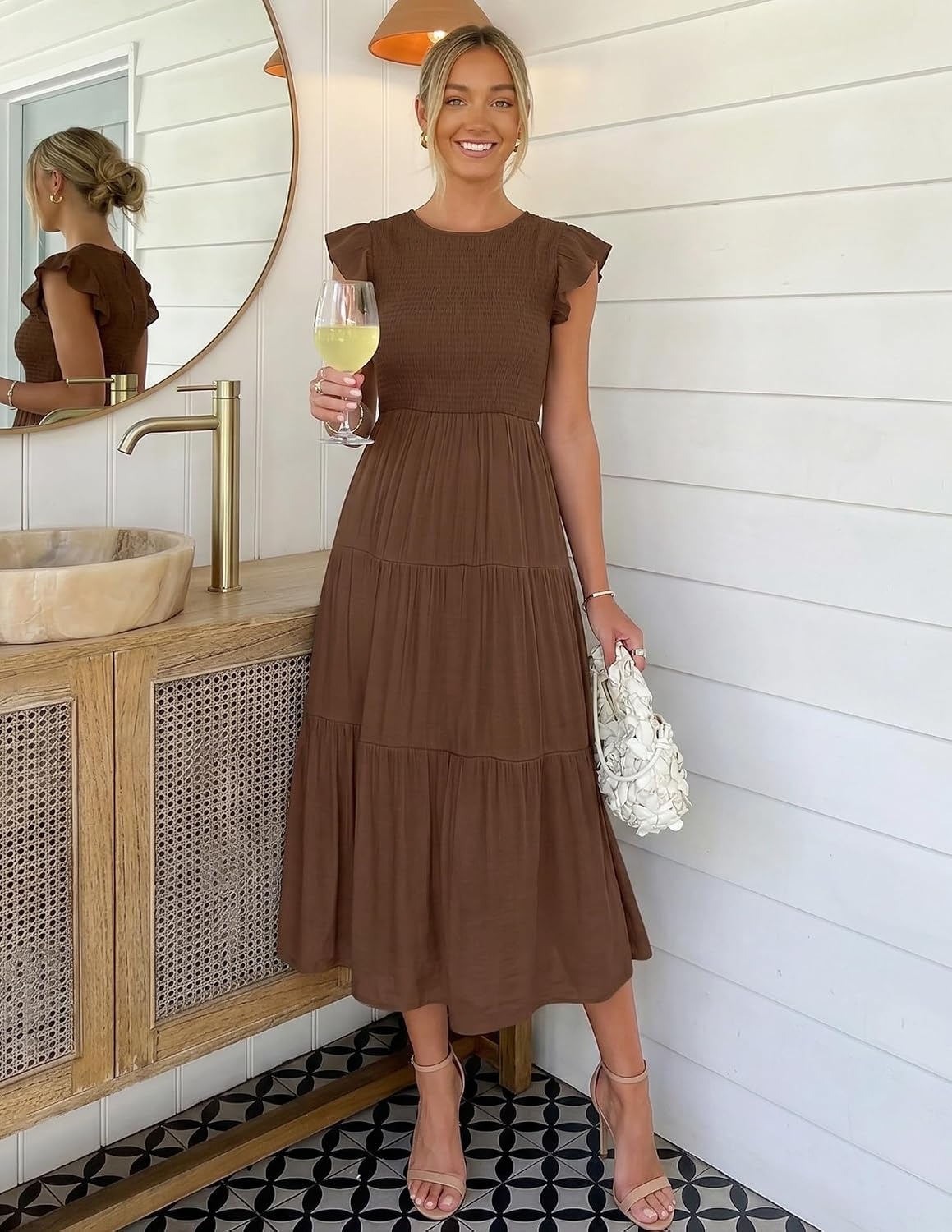 image:imageZESICA Womens 2026 Summer Casual Flutter Short Sleeve Smocked Midi Dress Crew Neck Elastic Waist Tiered Boho Flowy Dresses Soft Lightweight Fabric Beach Brunch Date PartyCoffee