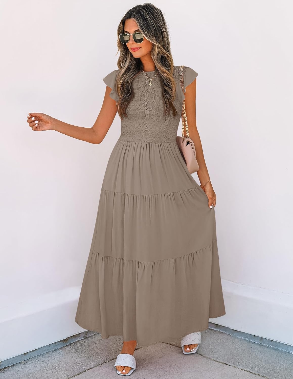 image:imageZESICA Womens 2026 Summer Casual Flutter Short Sleeve Smocked Midi Dress Crew Neck Elastic Waist Tiered Boho Flowy Dresses Soft Lightweight Fabric Beach Brunch Date PartyLight Khaki