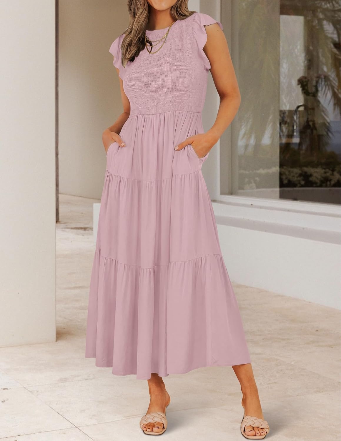 image:imageZESICA Womens 2026 Summer Casual Flutter Short Sleeve Smocked Midi Dress Crew Neck Elastic Waist Tiered Boho Flowy Dresses Soft Lightweight Fabric Beach Brunch Date PartyDark Pink