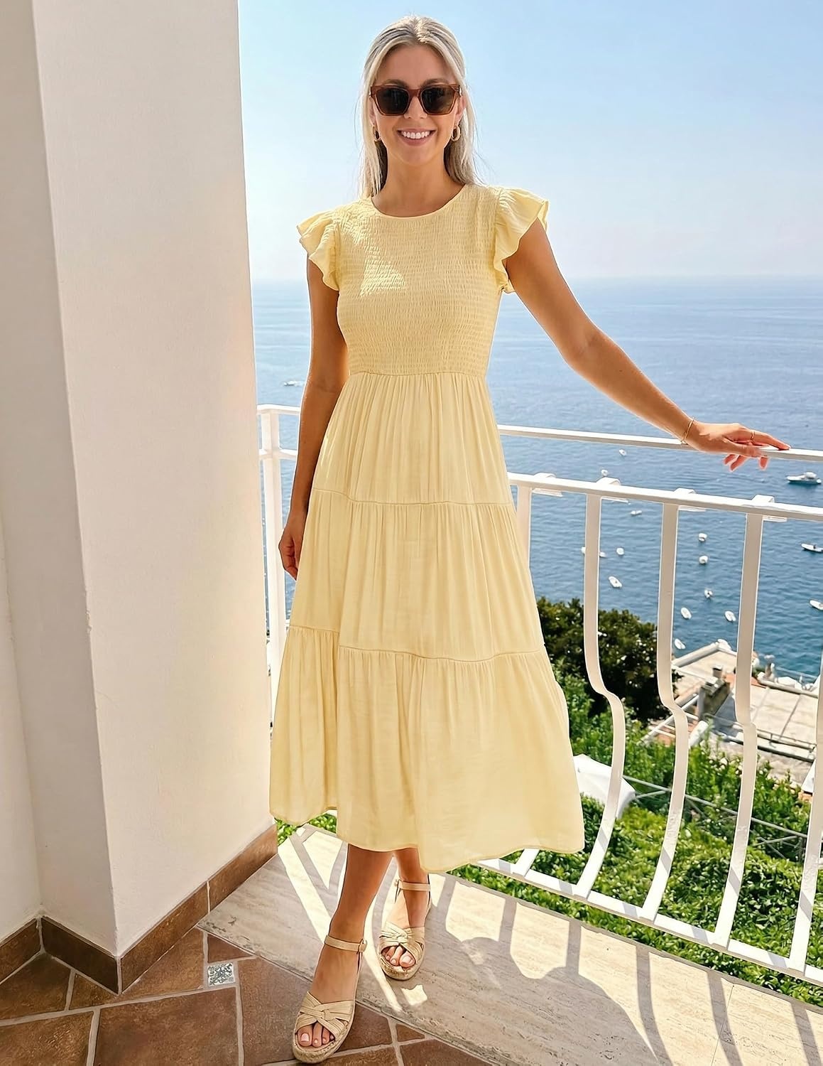 image:imageZESICA Womens 2026 Summer Casual Flutter Short Sleeve Smocked Midi Dress Crew Neck Elastic Waist Tiered Boho Flowy Dresses Soft Lightweight Fabric Beach Brunch Date PartyLight Yellow