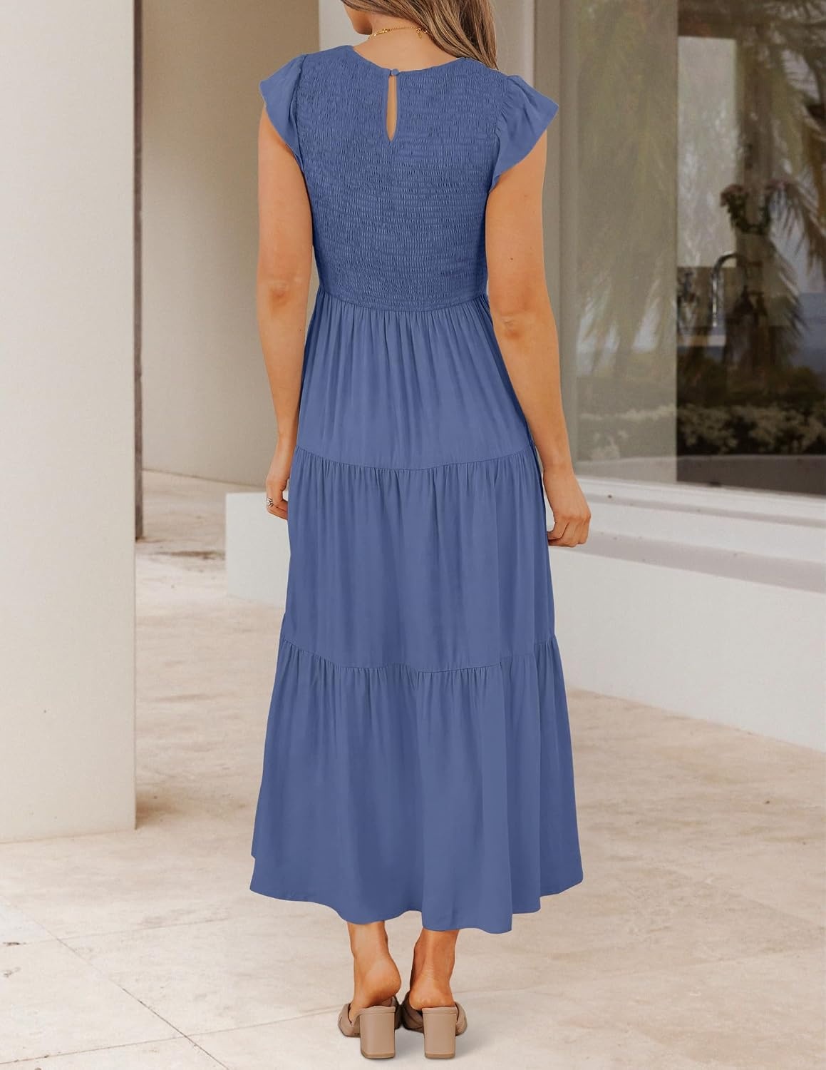 image:imageZESICA Womens 2026 Summer Casual Flutter Short Sleeve Smocked Midi Dress Crew Neck Elastic Waist Tiered Boho Flowy Dresses Soft Lightweight Fabric Beach Brunch Date PartyDusty Blue