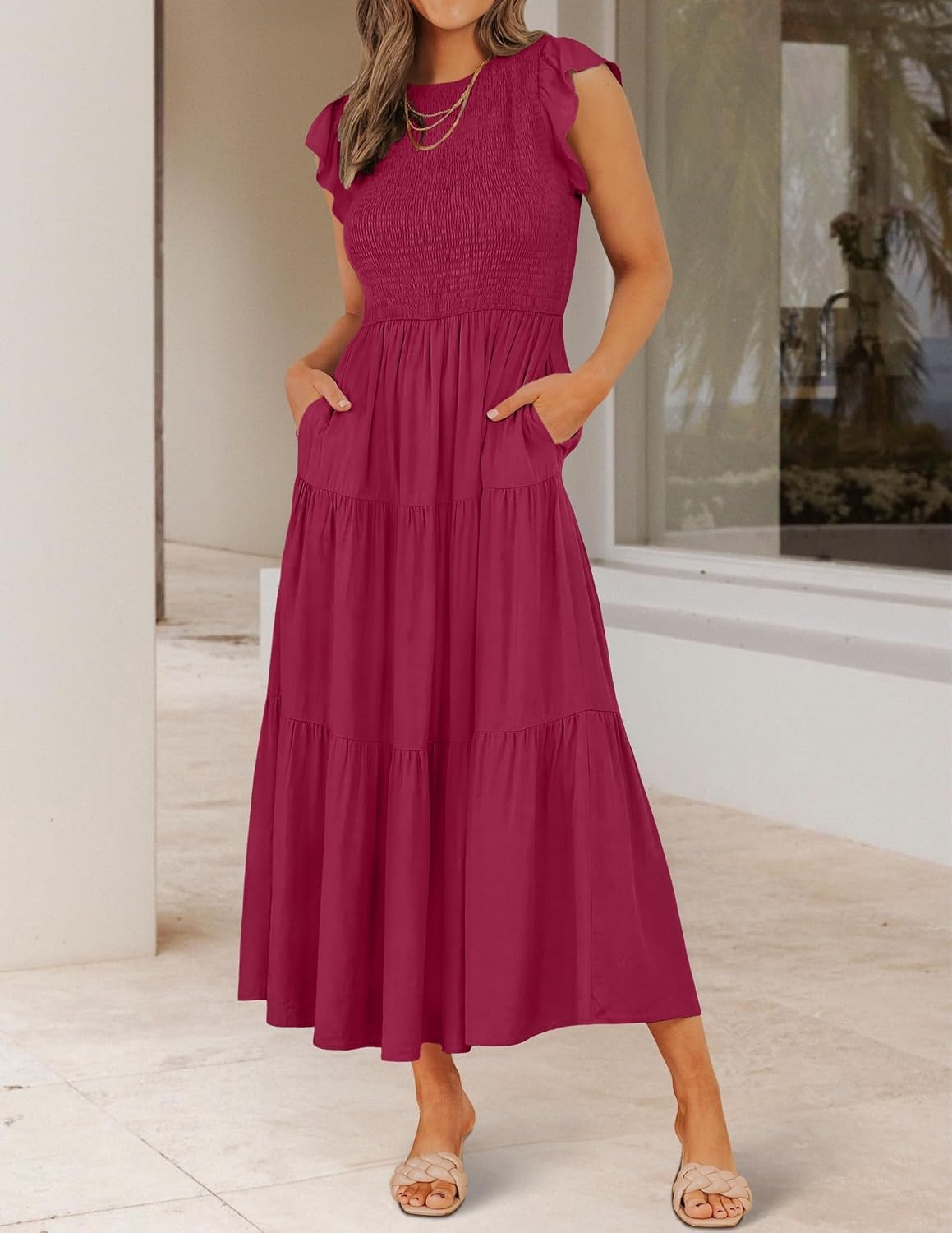 image:imageZESICA Womens 2026 Summer Casual Flutter Short Sleeve Smocked Midi Dress Crew Neck Elastic Waist Tiered Boho Flowy Dresses Soft Lightweight Fabric Beach Brunch Date PartyPlum