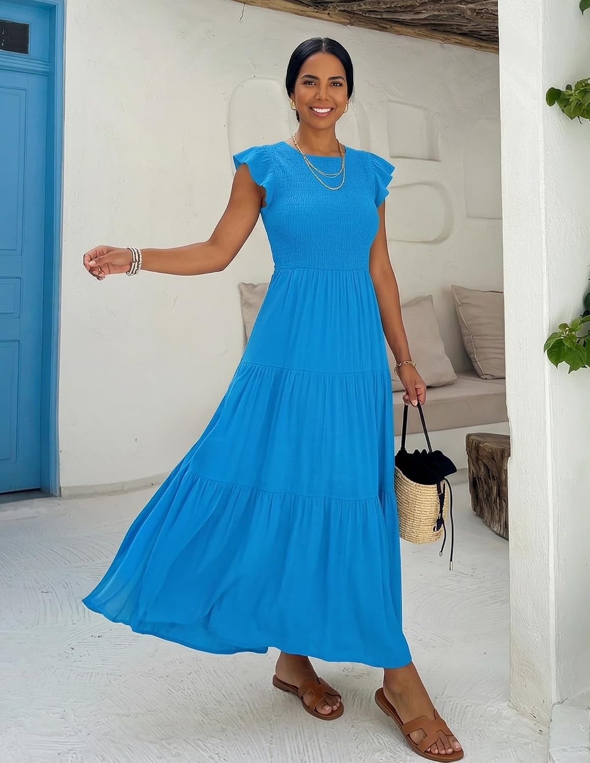 image:imageZESICA Womens 2026 Summer Casual Flutter Short Sleeve Smocked Midi Dress Crew Neck Elastic Waist Tiered Boho Flowy Dresses Soft Lightweight Fabric Beach Brunch Date PartyCobalt Blue