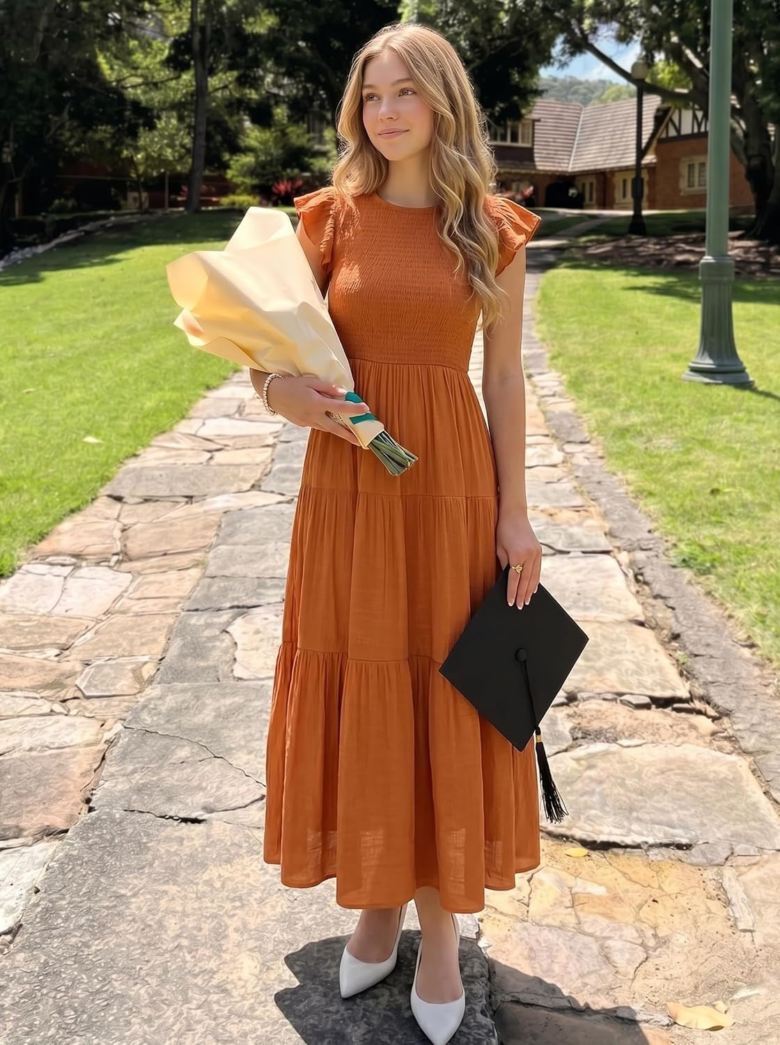 image:imageZESICA Womens 2026 Summer Casual Flutter Short Sleeve Smocked Midi Dress Crew Neck Elastic Waist Tiered Boho Flowy Dresses Soft Lightweight Fabric Beach Brunch Date PartyOrange