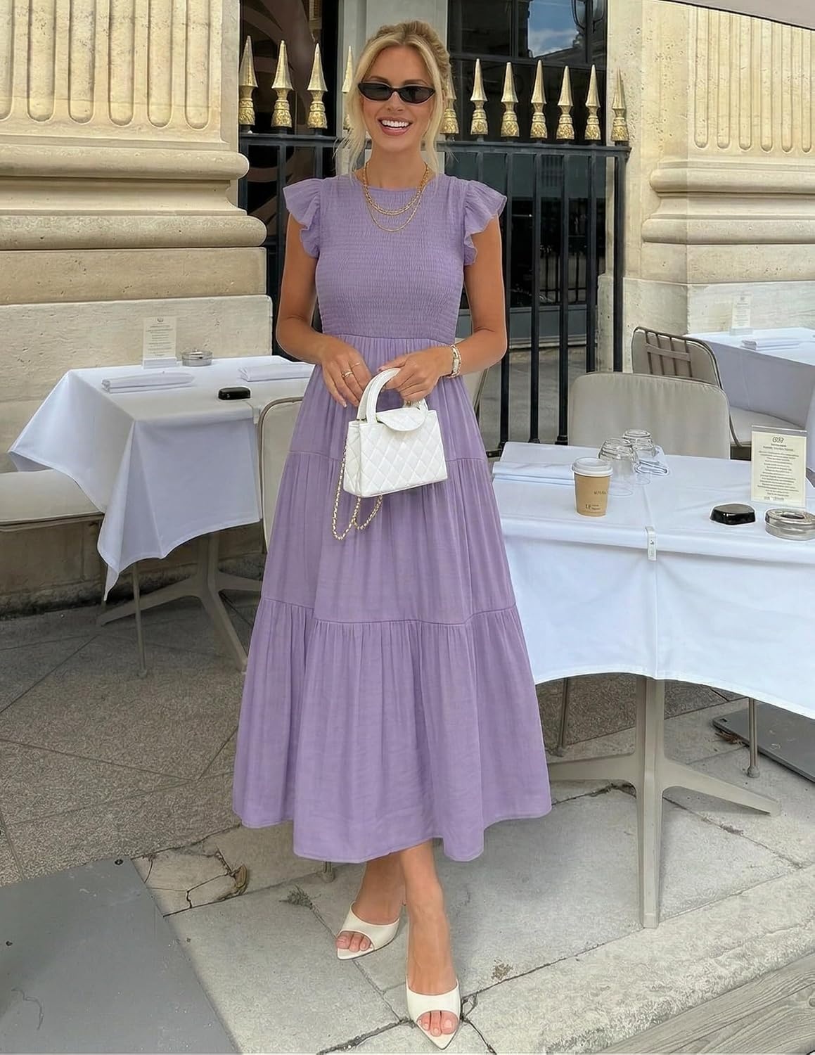 image:imageZESICA Womens 2026 Summer Casual Flutter Short Sleeve Smocked Midi Dress Crew Neck Elastic Waist Tiered Boho Flowy Dresses Soft Lightweight Fabric Beach Brunch Date PartyViolet