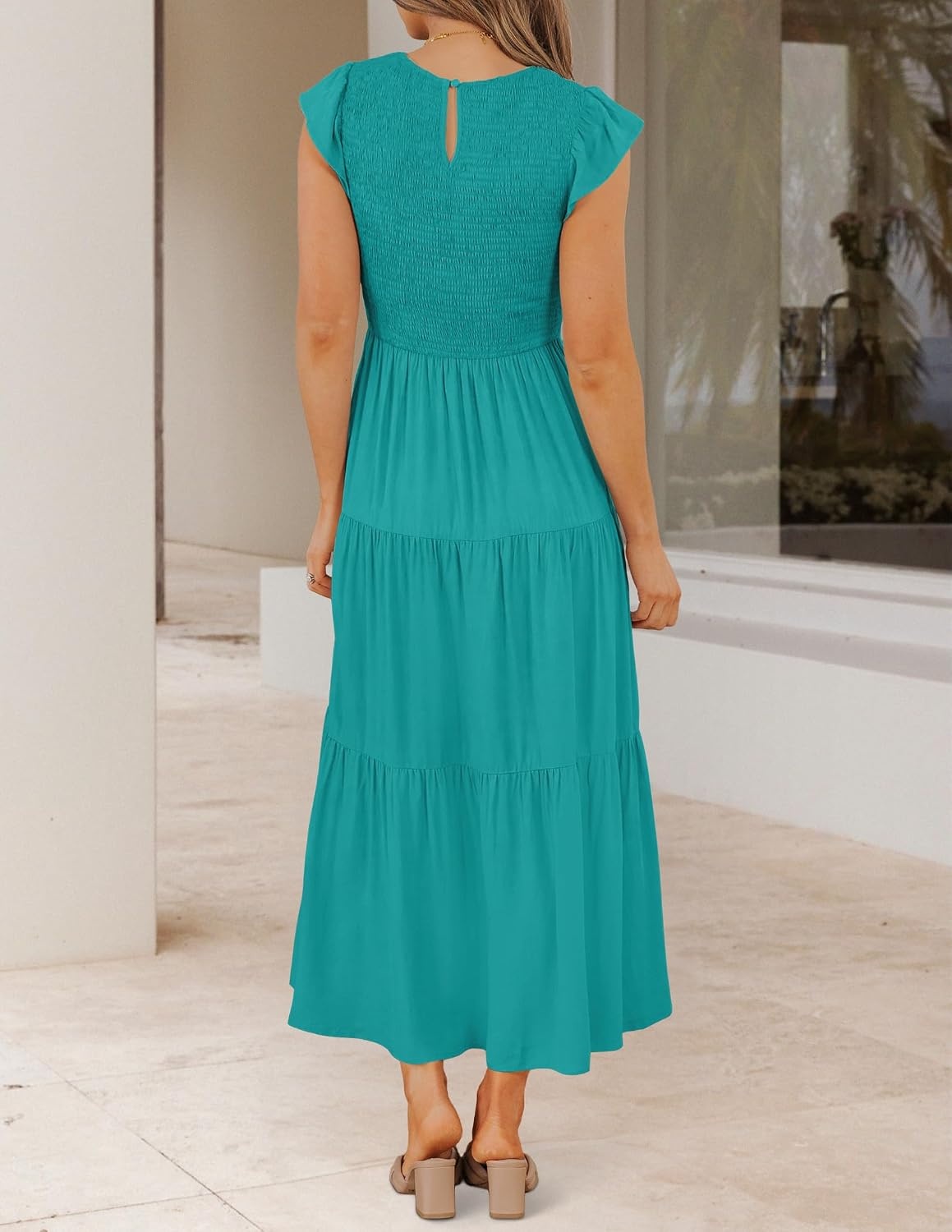 image:imageZESICA Womens 2026 Summer Casual Flutter Short Sleeve Smocked Midi Dress Crew Neck Elastic Waist Tiered Boho Flowy Dresses Soft Lightweight Fabric Beach Brunch Date PartyPeacock