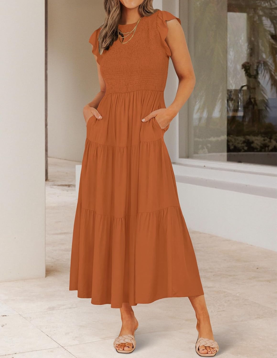 image:imageZESICA Womens 2026 Summer Casual Flutter Short Sleeve Smocked Midi Dress Crew Neck Elastic Waist Tiered Boho Flowy Dresses Soft Lightweight Fabric Beach Brunch Date PartyOrange