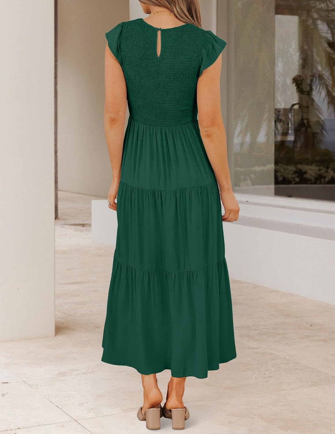 image:imageZESICA Womens 2026 Summer Casual Flutter Short Sleeve Smocked Midi Dress Crew Neck Elastic Waist Tiered Boho Flowy Dresses Soft Lightweight Fabric Beach Brunch Date PartyDark Green