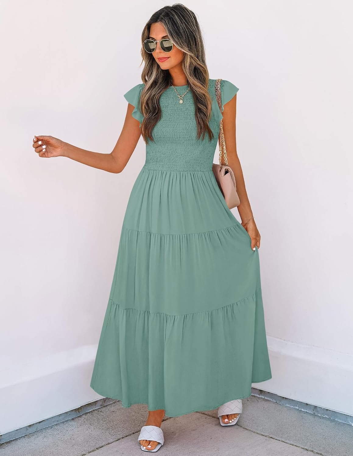 image:imageZESICA Womens 2026 Summer Casual Flutter Short Sleeve Smocked Midi Dress Crew Neck Elastic Waist Tiered Boho Flowy Dresses Soft Lightweight Fabric Beach Brunch Date PartySage