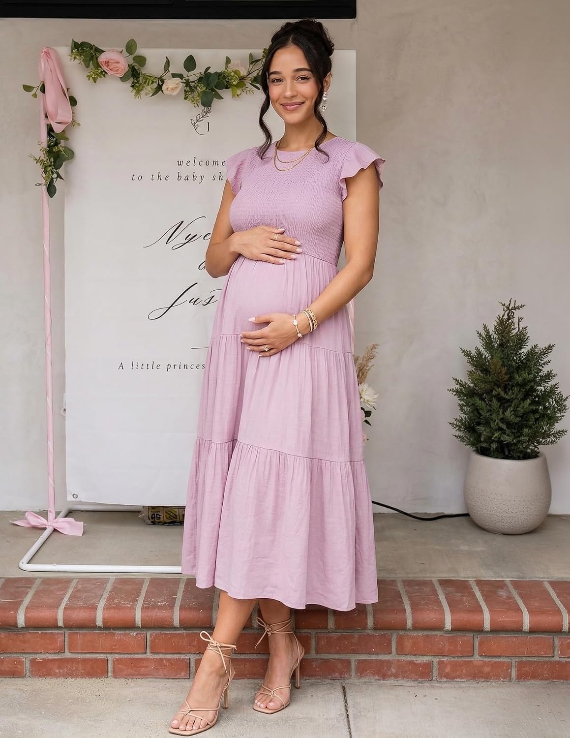 image:imageZESICA Womens 2026 Summer Casual Flutter Short Sleeve Smocked Midi Dress Crew Neck Elastic Waist Tiered Boho Flowy Dresses Soft Lightweight Fabric Beach Brunch Date PartyDark Pink