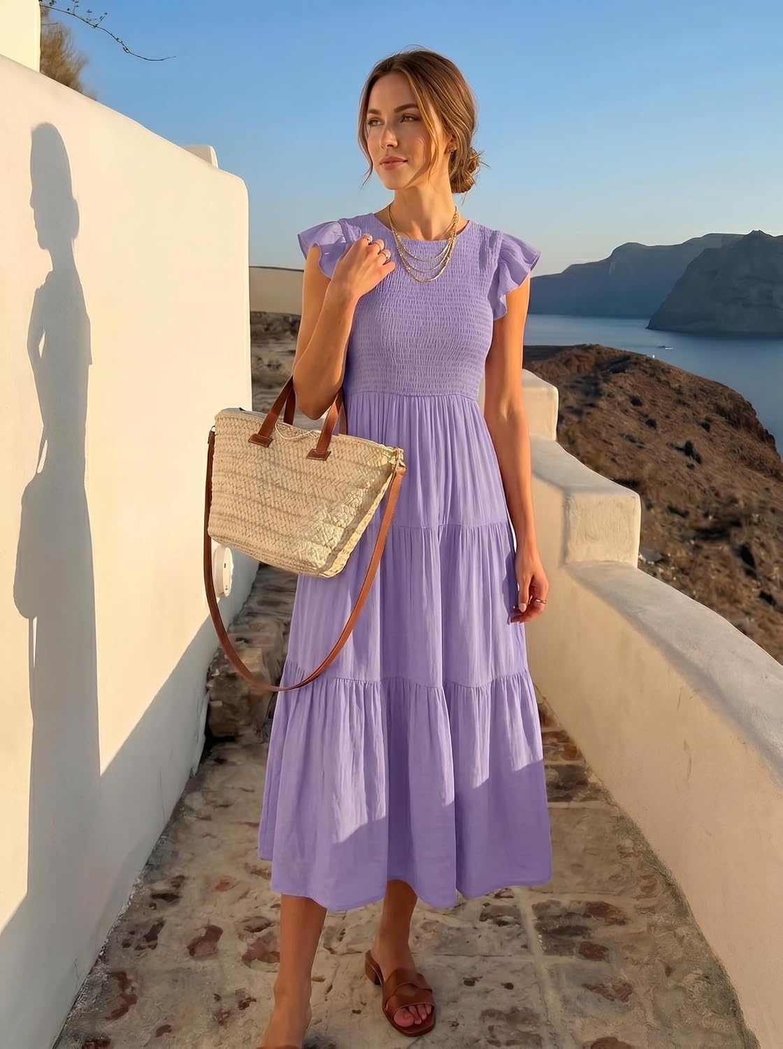 image:imageZESICA Womens 2026 Summer Casual Flutter Short Sleeve Smocked Midi Dress Crew Neck Elastic Waist Tiered Boho Flowy Dresses Soft Lightweight Fabric Beach Brunch Date PartyViolet