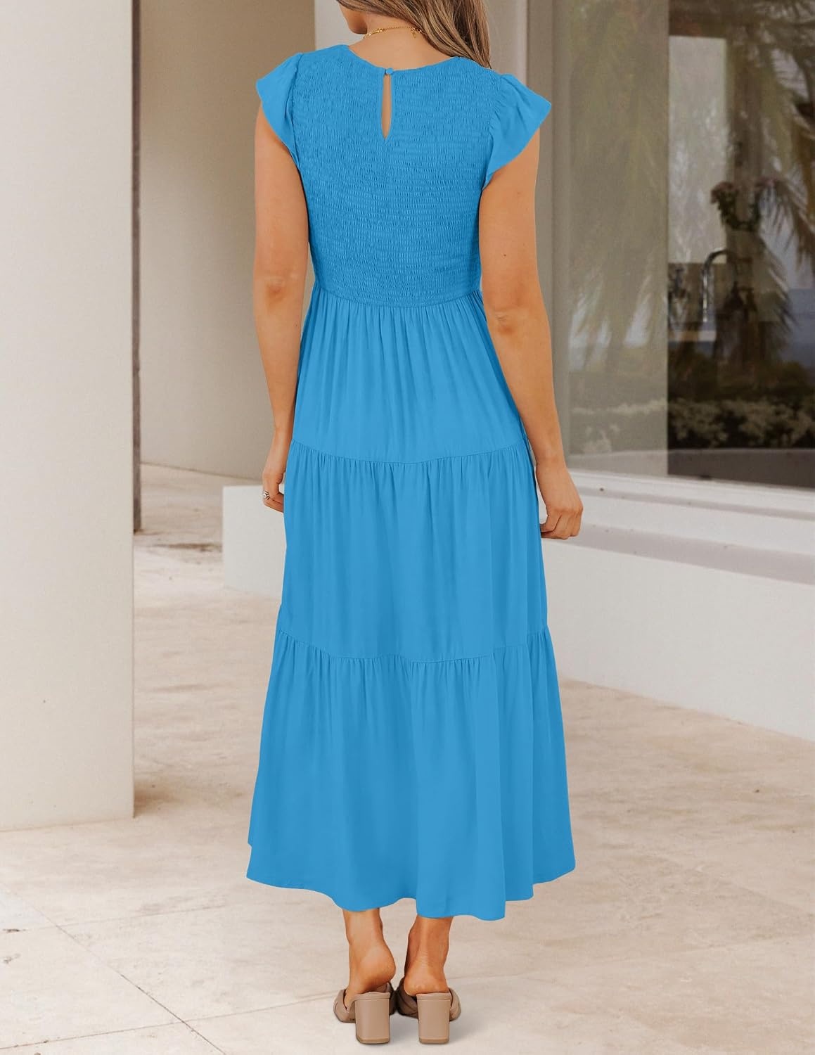 image:imageZESICA Womens 2026 Summer Casual Flutter Short Sleeve Smocked Midi Dress Crew Neck Elastic Waist Tiered Boho Flowy Dresses Soft Lightweight Fabric Beach Brunch Date PartyCobalt Blue
