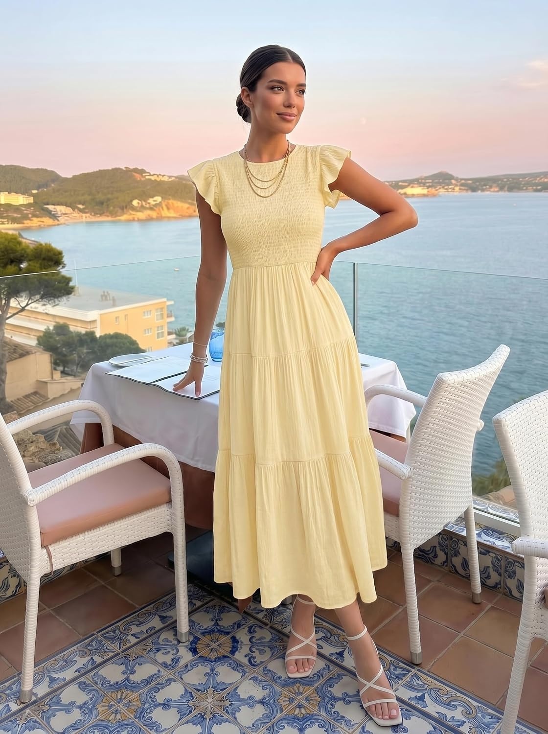 image:imageZESICA Womens 2026 Summer Casual Flutter Short Sleeve Smocked Midi Dress Crew Neck Elastic Waist Tiered Boho Flowy Dresses Soft Lightweight Fabric Beach Brunch Date PartyLight Yellow