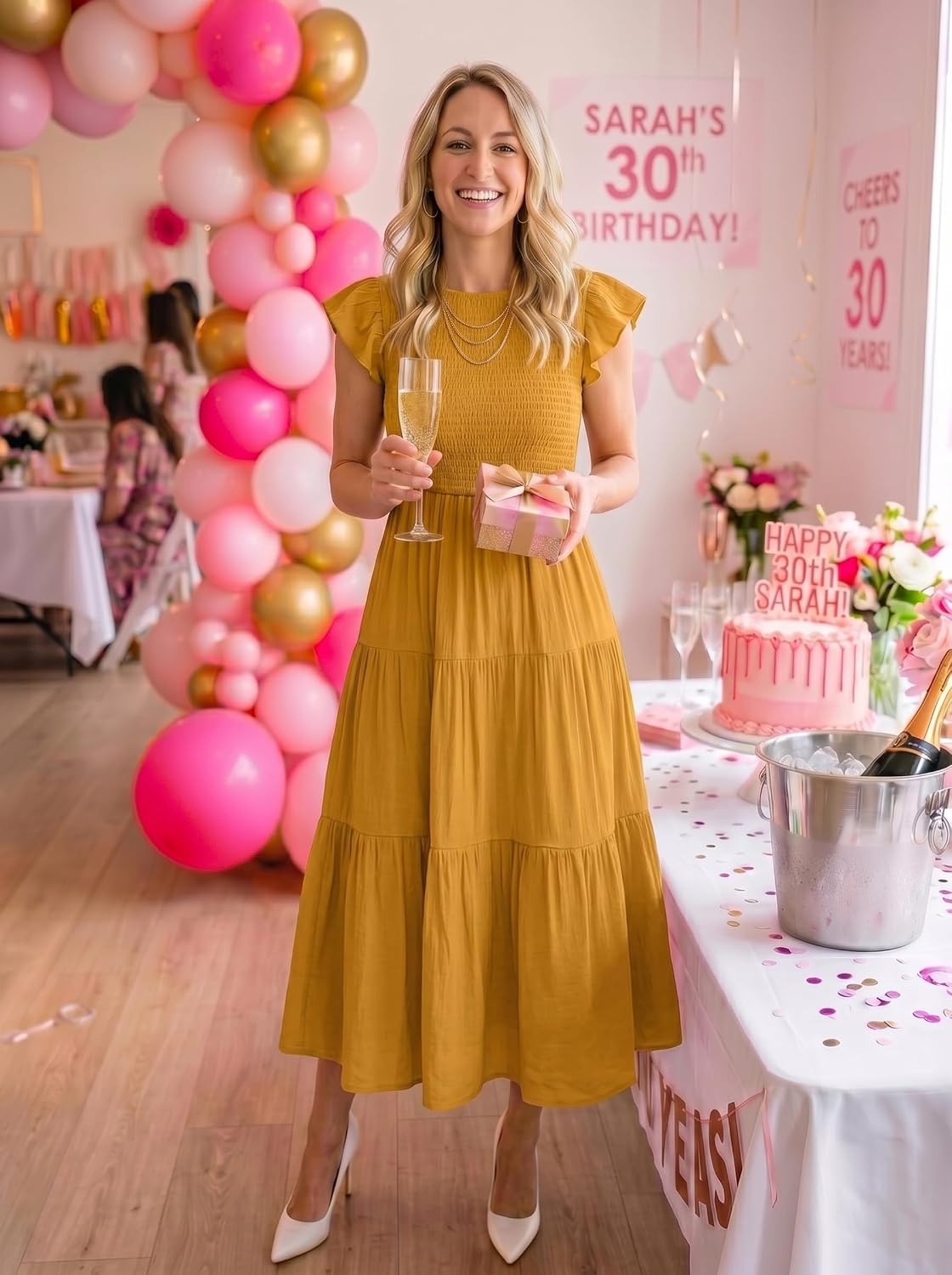 image:imageZESICA Womens 2026 Summer Casual Flutter Short Sleeve Smocked Midi Dress Crew Neck Elastic Waist Tiered Boho Flowy Dresses Soft Lightweight Fabric Beach Brunch Date PartyGinger
