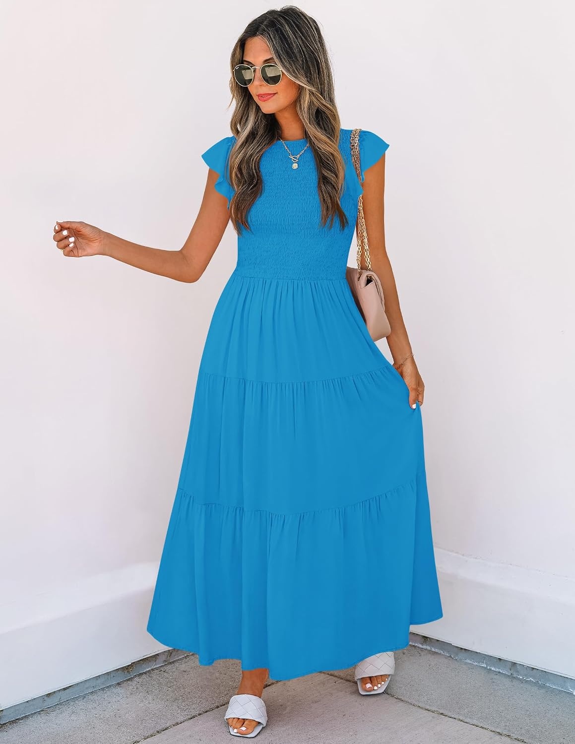 image:imageZESICA Womens 2026 Summer Casual Flutter Short Sleeve Smocked Midi Dress Crew Neck Elastic Waist Tiered Boho Flowy Dresses Soft Lightweight Fabric Beach Brunch Date PartyCobalt Blue