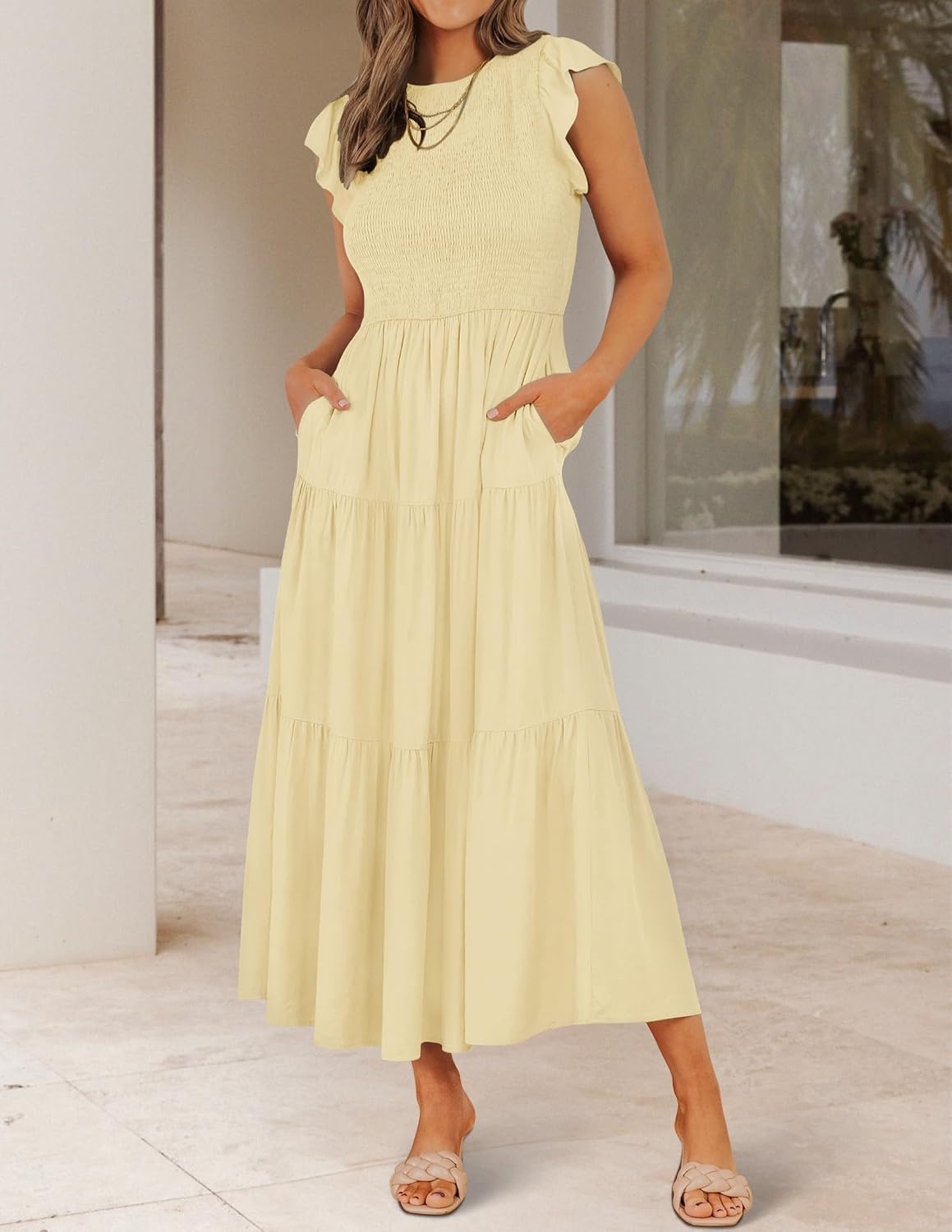 image:imageZESICA Womens 2026 Summer Casual Flutter Short Sleeve Smocked Midi Dress Crew Neck Elastic Waist Tiered Boho Flowy Dresses Soft Lightweight Fabric Beach Brunch Date PartyLight Yellow