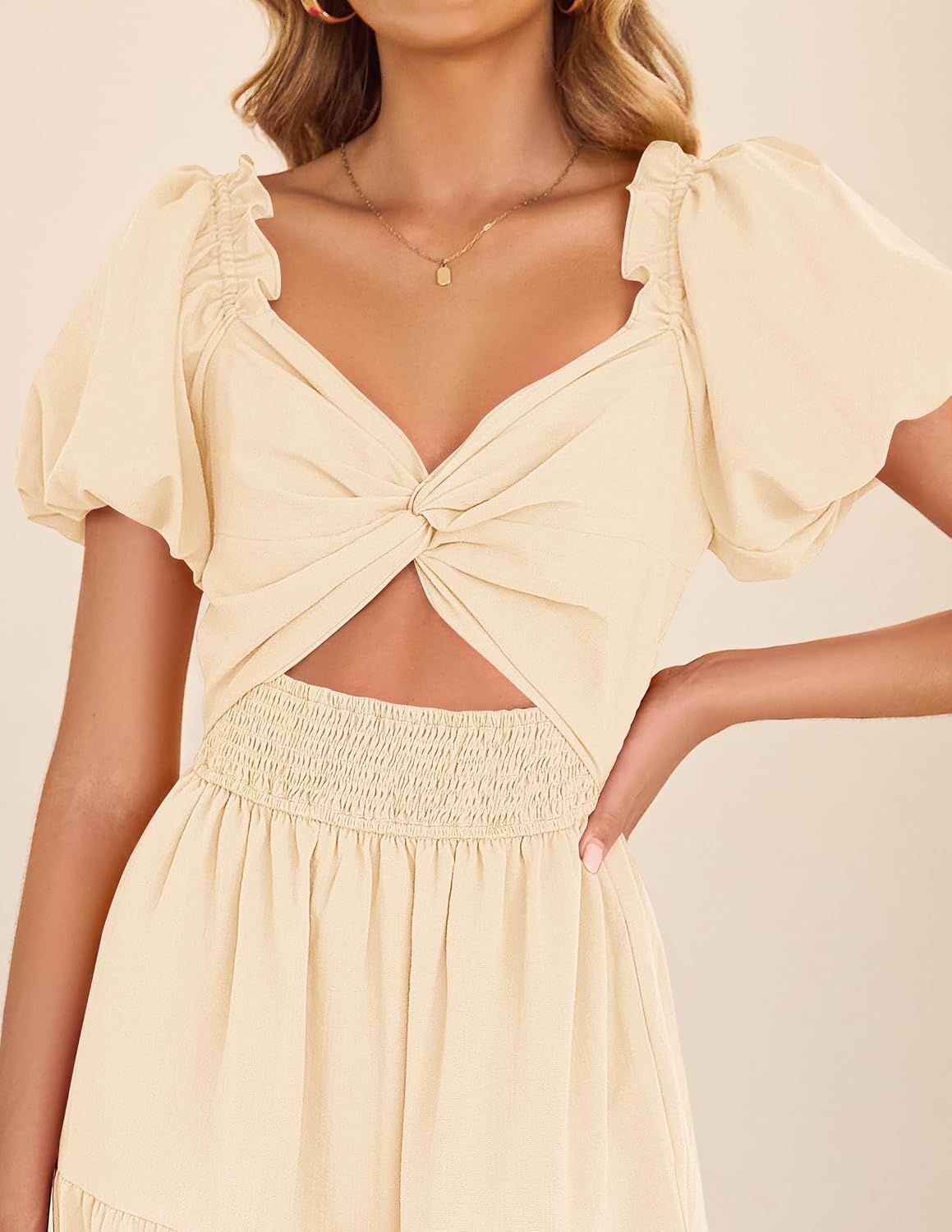 image:imageZESICA Womens Summer Casual Cutout Flowy Vacation Maxi Dress Short Puff Sleeve A Line Smocked Dress Beach Party Dresses Spring Summer Wedding Guest Long DressApricot