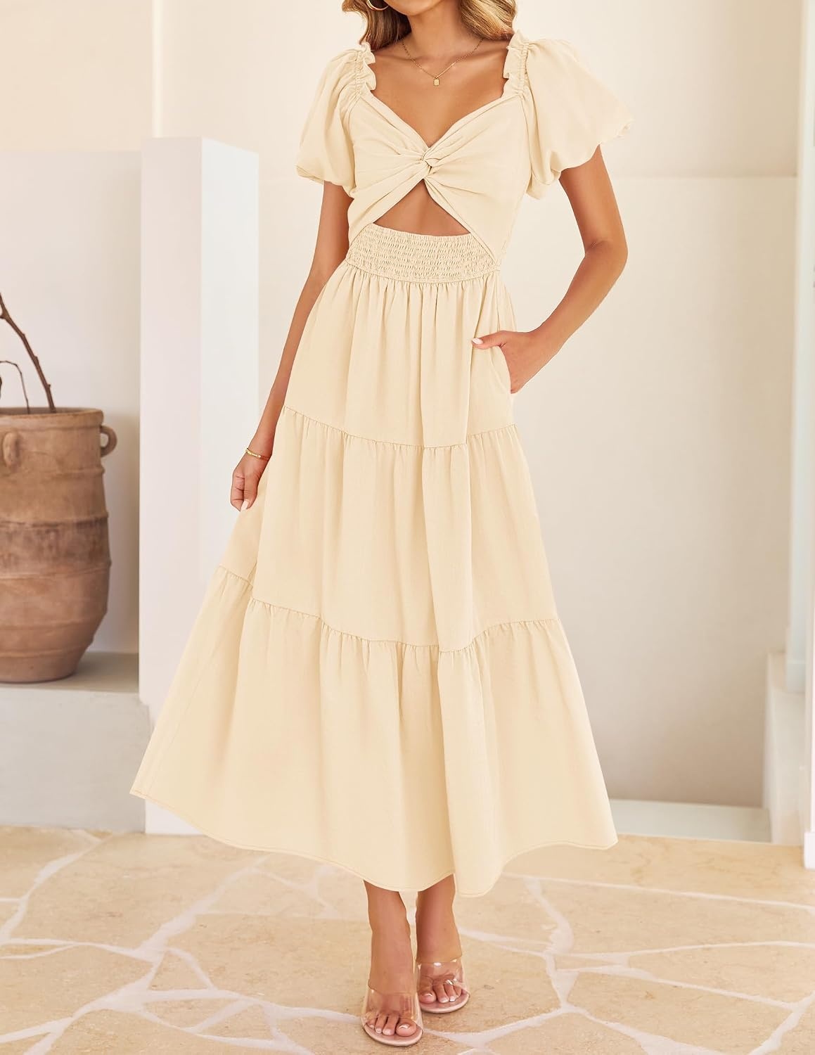 image:imageZESICA Womens Summer Casual Cutout Flowy Vacation Maxi Dress Short Puff Sleeve A Line Smocked Dress Beach Party Dresses Spring Summer Wedding Guest Long DressApricot