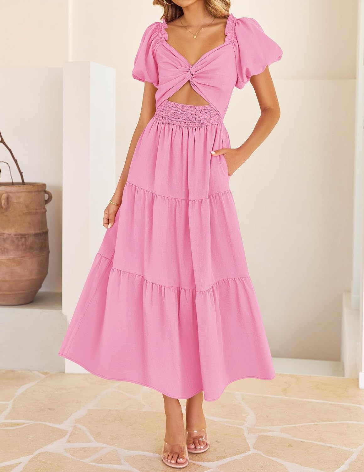 image:imageZESICA Womens Summer Casual Cutout Flowy Vacation Maxi Dress Short Puff Sleeve A Line Smocked Dress Beach Party Dresses Spring Summer Wedding Guest Long DressHot Pink