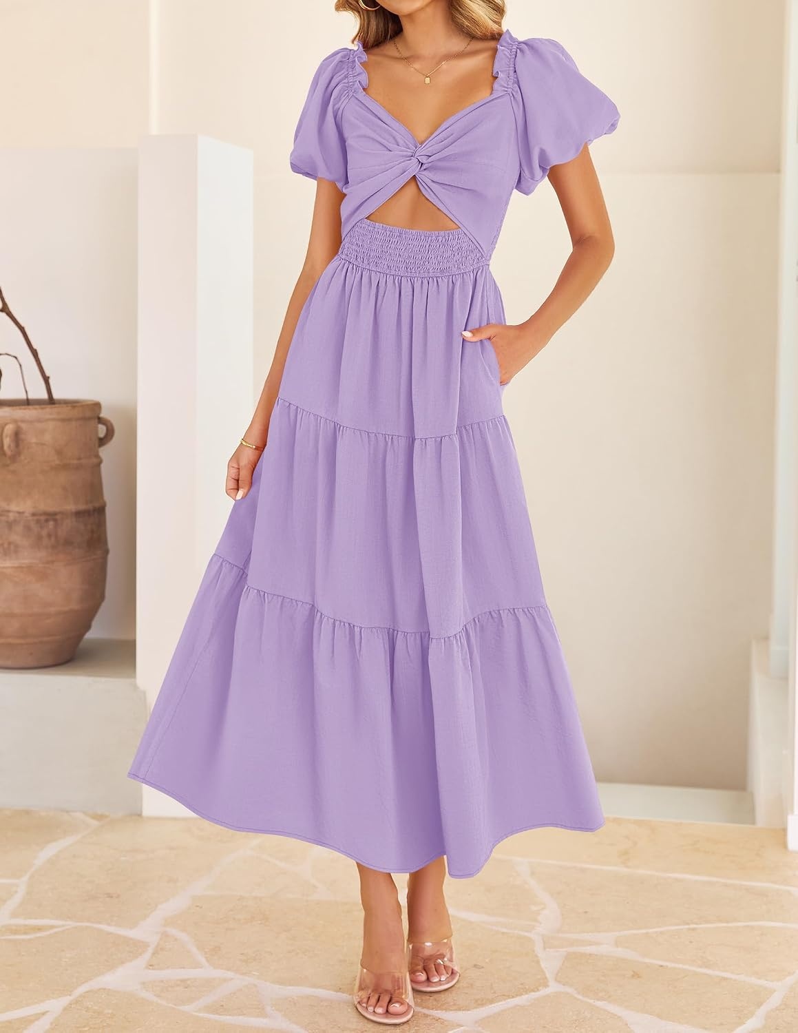 image:imageZESICA Womens Summer Casual Cutout Flowy Vacation Maxi Dress Short Puff Sleeve A Line Smocked Dress Beach Party Dresses Spring Summer Wedding Guest Long DressPurple