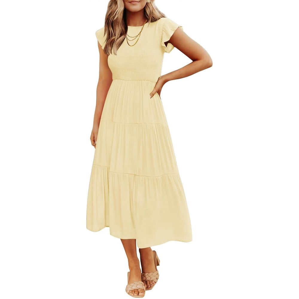 image:imageZESICA Womens 2026 Summer Casual Flutter Short Sleeve Smocked Midi Dress Crew Neck Elastic Waist Tiered Boho Flowy Dresses Soft Lightweight Fabric Beach Brunch Date PartyLight Yellow