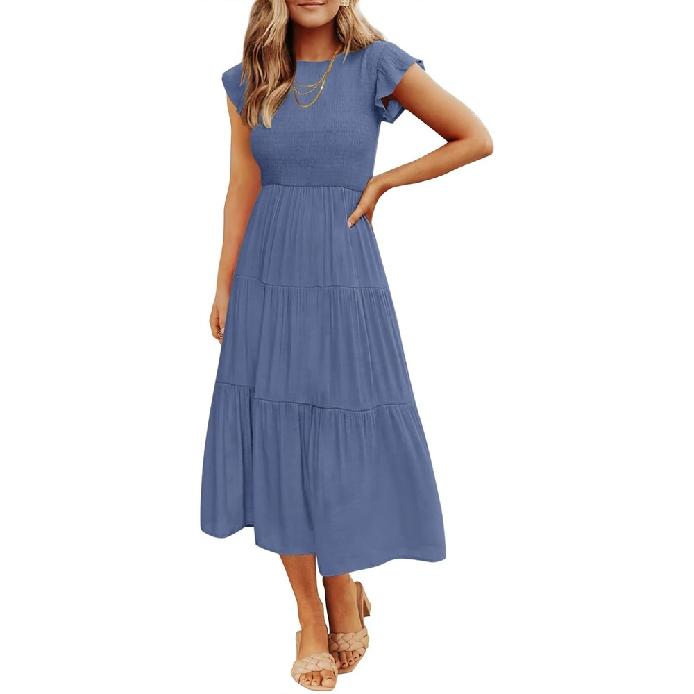 image:imageZESICA Womens 2026 Summer Casual Flutter Short Sleeve Smocked Midi Dress Crew Neck Elastic Waist Tiered Boho Flowy Dresses Soft Lightweight Fabric Beach Brunch Date PartyDusty Blue