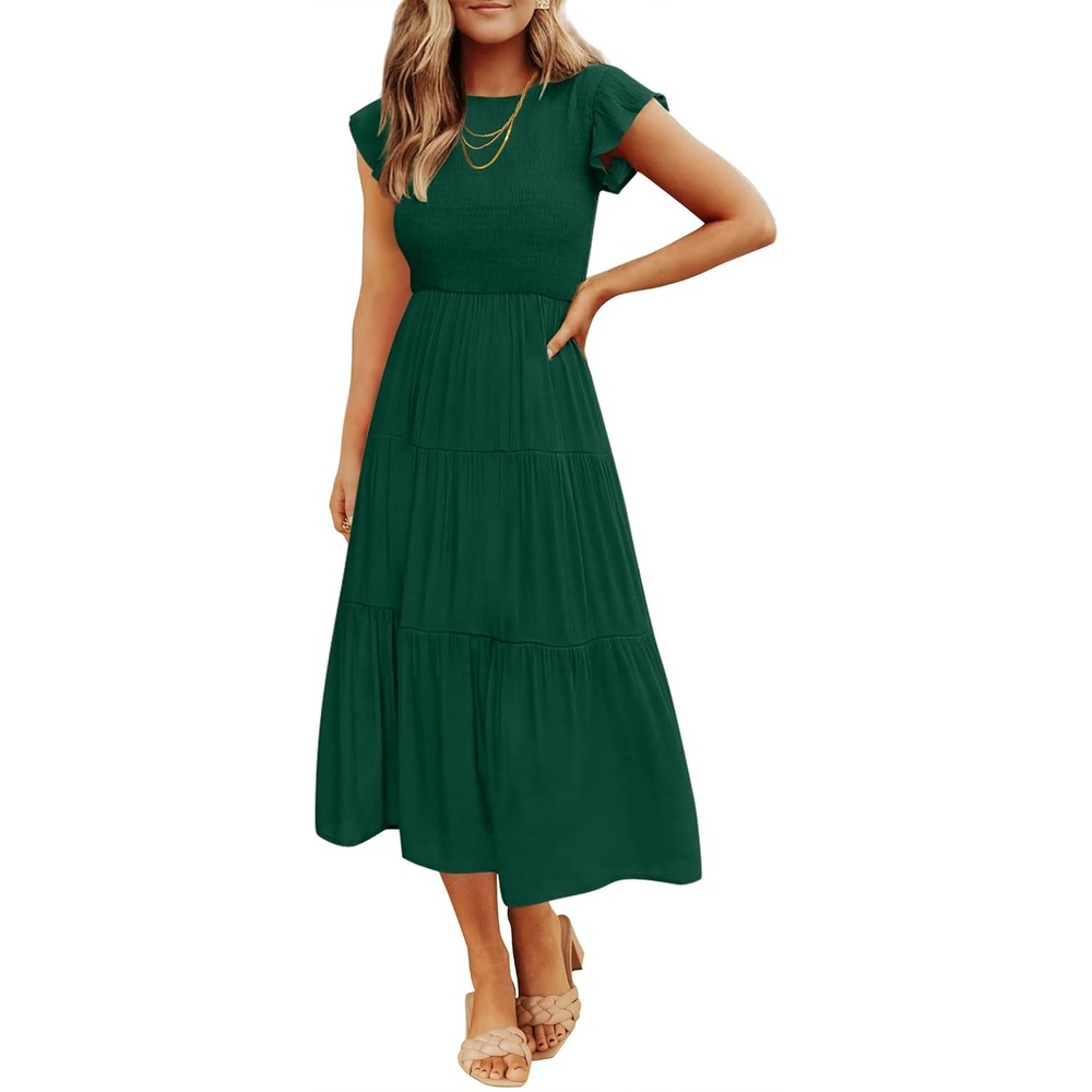 image:imageZESICA Womens 2026 Summer Casual Flutter Short Sleeve Smocked Midi Dress Crew Neck Elastic Waist Tiered Boho Flowy Dresses Soft Lightweight Fabric Beach Brunch Date PartyDark Green