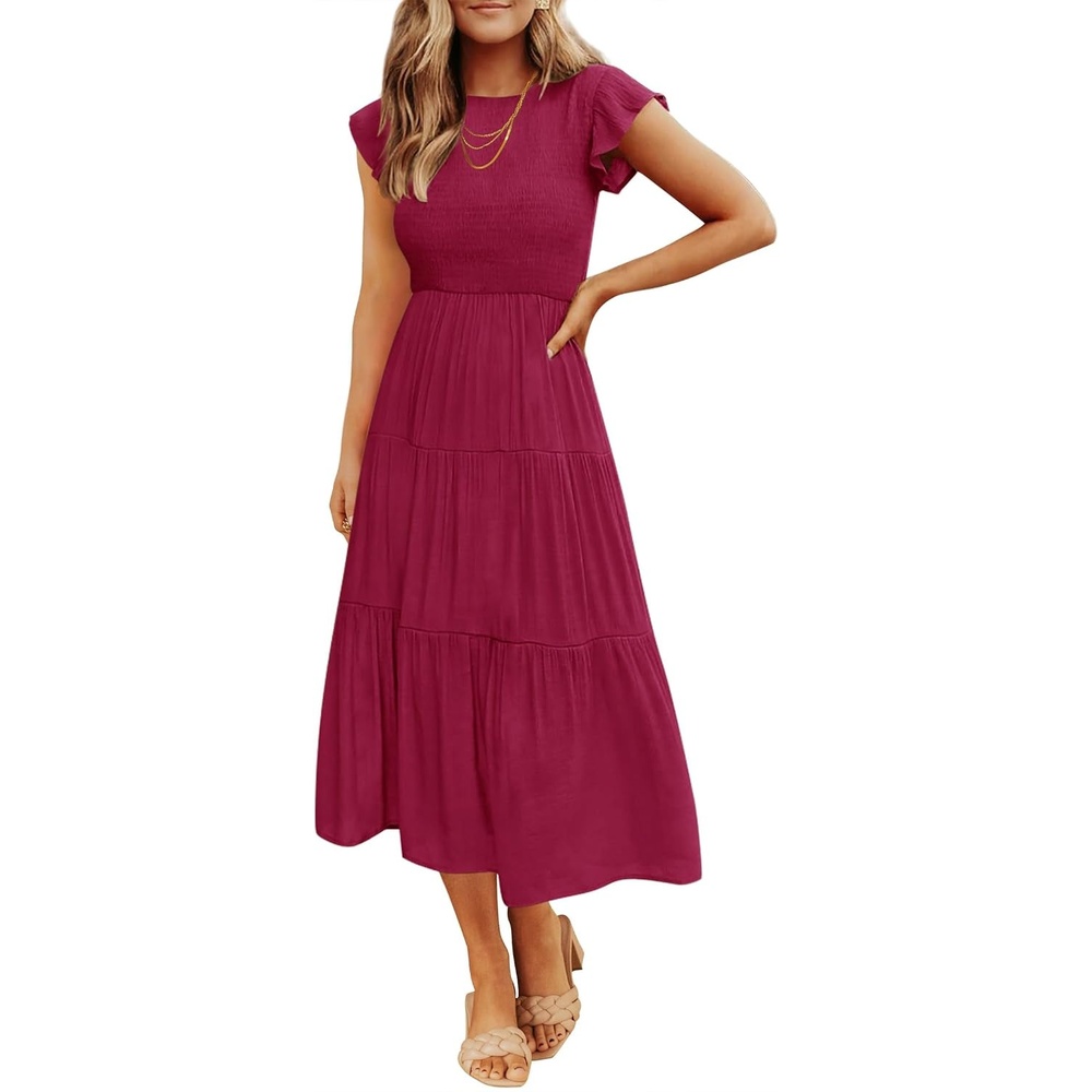 image:imageZESICA Womens 2026 Summer Casual Flutter Short Sleeve Smocked Midi Dress  Crew Neck Elastic Waist Tiered Boho Flowy Dresses Soft Lightweight Fabric Beach Brunch Date PartyPlum