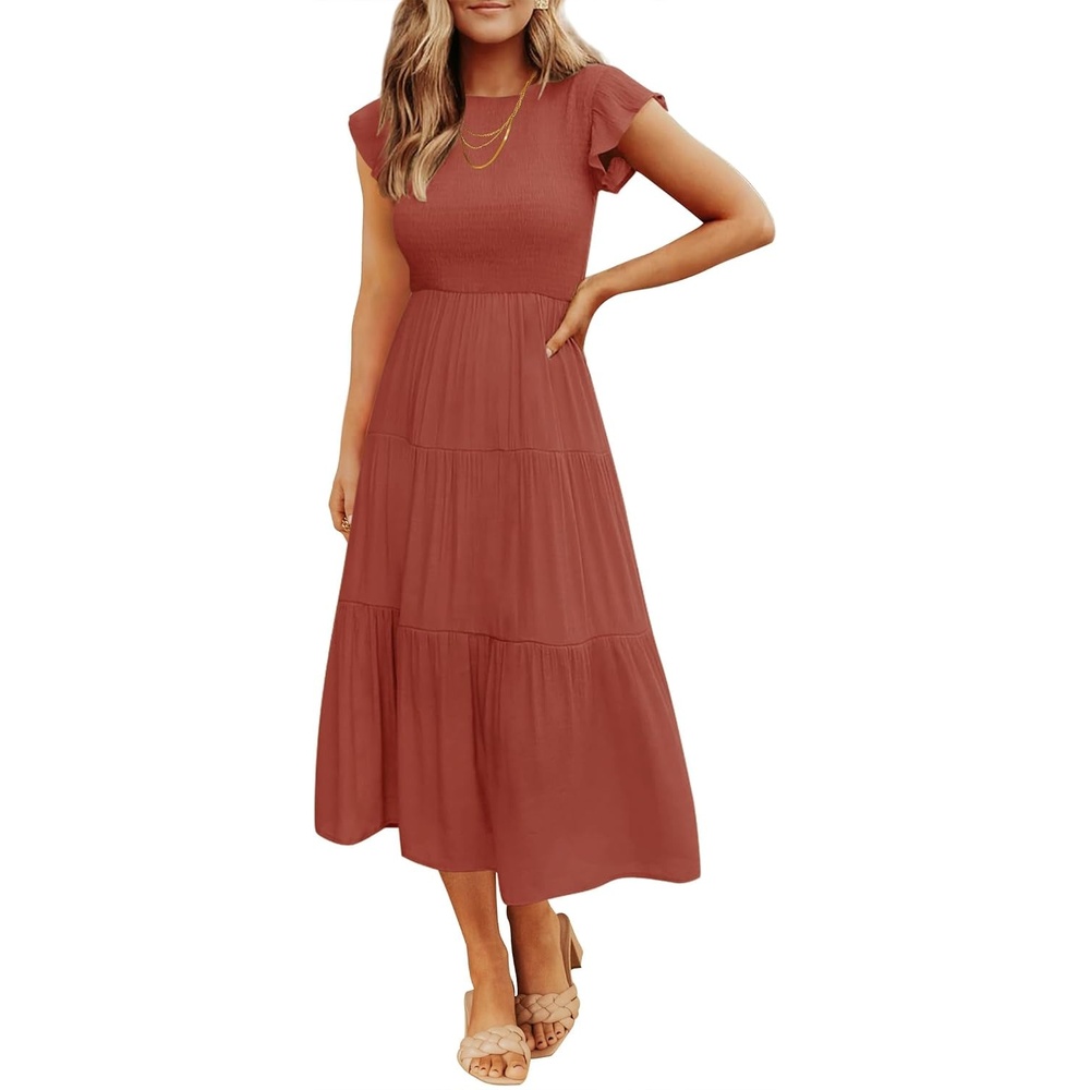 image:imageZESICA Womens 2026 Summer Casual Flutter Short Sleeve Smocked Midi Dress Crew Neck Elastic Waist Tiered Boho Flowy Dresses Soft Lightweight Fabric Beach Brunch Date PartyRust