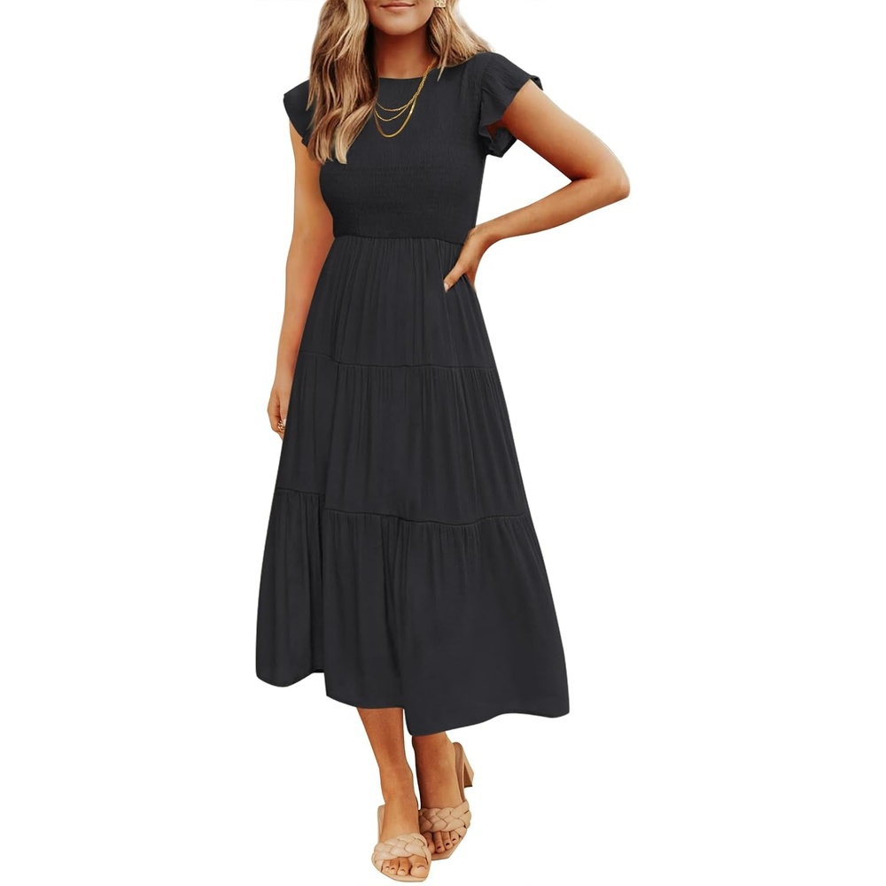 image:imageZESICA Womens 2026 Summer Casual Flutter Short Sleeve Smocked Midi Dress  Crew Neck Elastic Waist Tiered Boho Flowy Dresses Soft Lightweight Fabric Beach Brunch Date PartyBlack