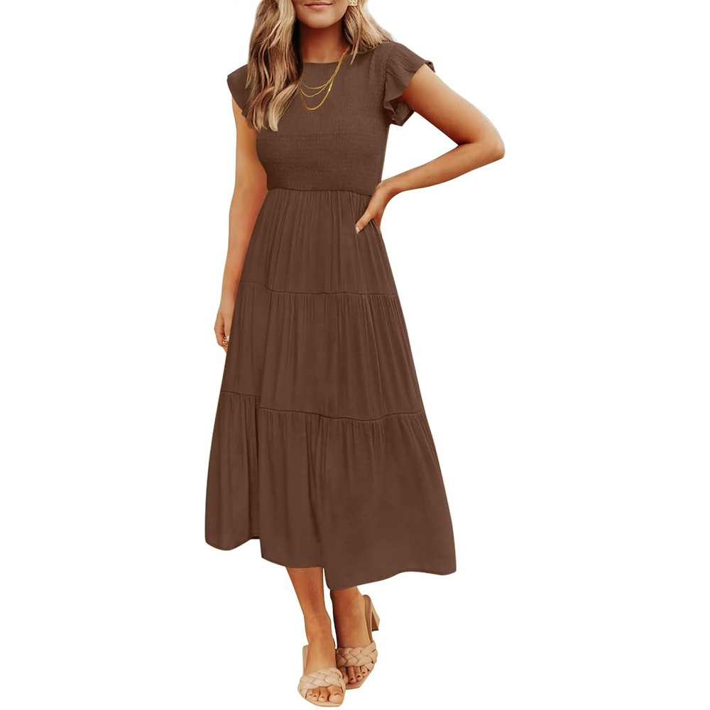 image:imageZESICA Womens 2026 Summer Casual Flutter Short Sleeve Smocked Midi Dress Crew Neck Elastic Waist Tiered Boho Flowy Dresses Soft Lightweight Fabric Beach Brunch Date PartyCoffee
