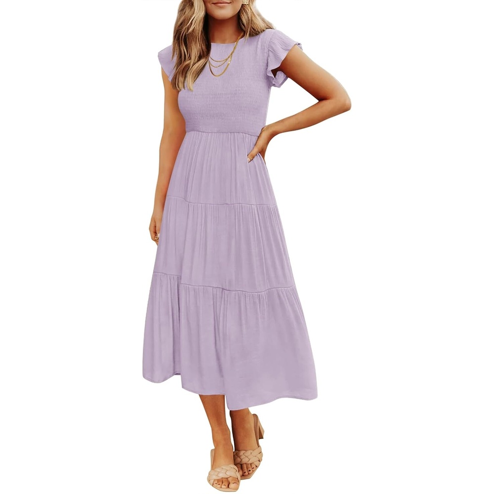 image:imageZESICA Womens 2026 Summer Casual Flutter Short Sleeve Smocked Midi Dress Crew Neck Elastic Waist Tiered Boho Flowy Dresses Soft Lightweight Fabric Beach Brunch Date PartyLight Purple
