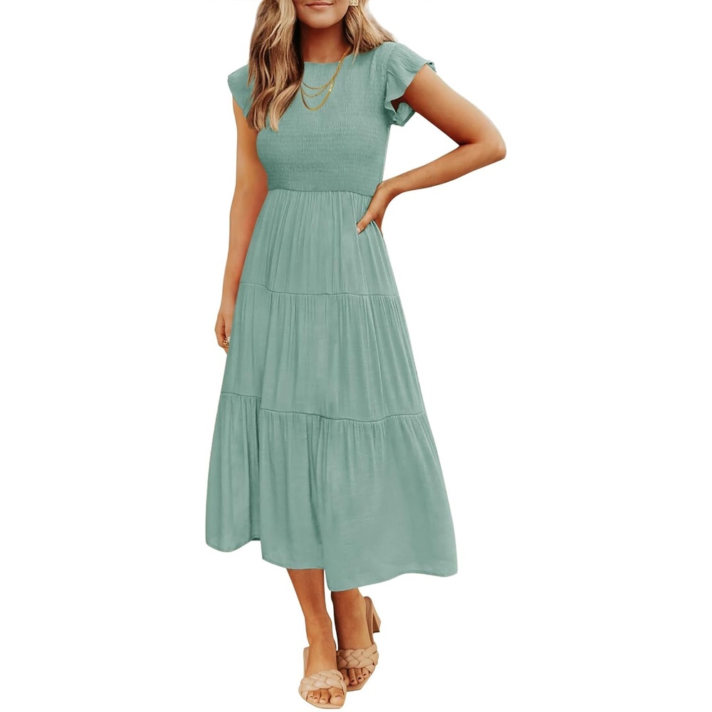 image:imageZESICA Womens 2026 Summer Casual Flutter Short Sleeve Smocked Midi Dress  Crew Neck Elastic Waist Tiered Boho Flowy Dresses Soft Lightweight Fabric Beach Brunch Date PartySage