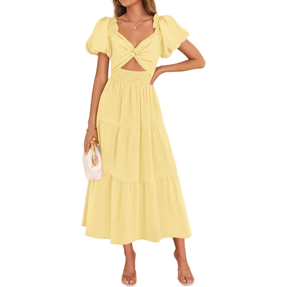 image:imageZESICA Womens Summer Casual Cutout Flowy Vacation Maxi Dress  Short Puff Sleeve A Line Smocked Dress Beach Party Dresses Spring Summer Wedding Guest Long DressYellow