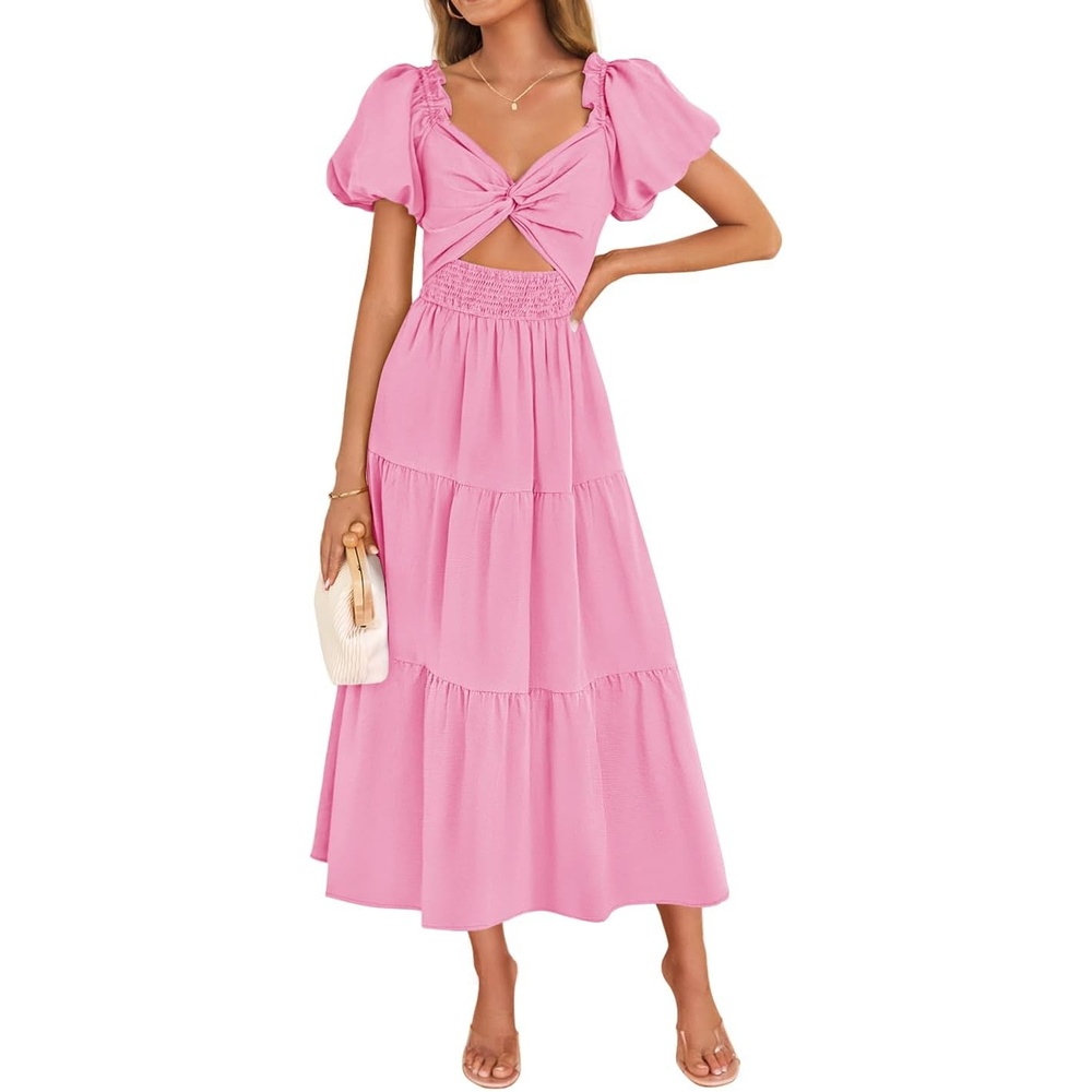 image:imageZESICA Womens Summer Casual Cutout Flowy Vacation Maxi Dress  Short Puff Sleeve A Line Smocked Dress Beach Party Dresses Spring Summer Wedding Guest Long DressHot Pink