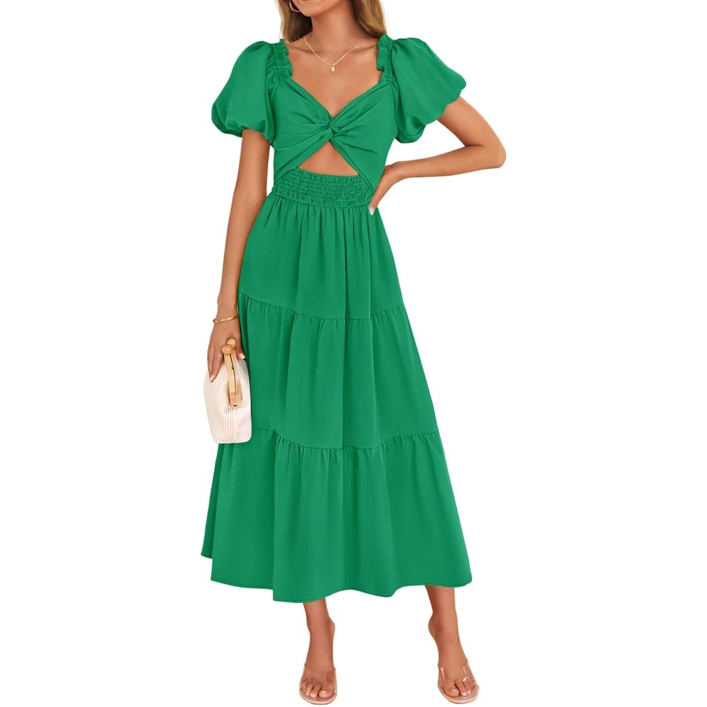 image:imageZESICA Womens Summer Casual Cutout Flowy Vacation Maxi Dress  Short Puff Sleeve A Line Smocked Dress Beach Party Dresses Spring Summer Wedding Guest Long DressGreen
