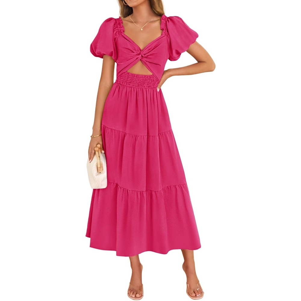 image:imageZESICA Womens Summer Casual Cutout Flowy Vacation Maxi Dress  Short Puff Sleeve A Line Smocked Dress Beach Party Dresses Spring Summer Wedding Guest Long DressRose