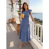 ZESICA Women’s 2026 Summer Casual Flutter Short Sleeve Smocked Midi Dress | Crew Neck, Elastic Waist, Tiered, Boho Flowy Dresses, Soft Lightweight Fabric, Beach Brunch Date Party(Dusty Blue)