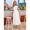 ZESICA Women’s 2026 Summer Casual Flutter Short Sleeve Smocked Midi Dress | Crew Neck, Elastic Waist, Tiered, Boho Flowy Dresses, Soft Lightweight Fabric, Beach Brunch Date Party(White)
