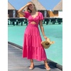 ZESICA Womens Summer Casual Cutout Flowy Vacation Maxi Dress | Short Puff Sleeve, A Line, Smocked Dress, Beach Party Dresses, Spring Summer Wedding Guest Long Dress(Rose)