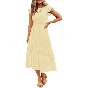 ZESICA Women’s 2026 Summer Casual Flutter Short Sleeve Smocked Midi Dress | Crew Neck, Elastic Waist, Tiered, Boho Flowy Dresses, Soft Lightweight Fabric, Beach Brunch Date Party(Light Yellow)