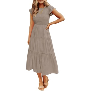 ZESICA Women’s 2026 Summer Casual Flutter Short Sleeve Smocked Midi Dress | Crew Neck, Elastic Waist, Tiered, Boho Flowy Dresses, Soft Lightweight Fabric, Beach Brunch Date Party(Light Khaki)