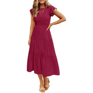 ZESICA Women’s 2026 Summer Casual Flutter Short Sleeve Smocked Midi Dress | Crew Neck, Elastic Waist, Tiered, Boho Flowy Dresses, Soft Lightweight Fabric, Beach Brunch Date Party(Plum)