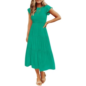 ZESICA Women’s 2026 Summer Casual Flutter Short Sleeve Smocked Midi Dress | Crew Neck, Elastic Waist, Tiered, Boho Flowy Dresses, Soft Lightweight Fabric, Beach Brunch Date Party(Green)