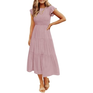 ZESICA Women’s 2026 Summer Casual Flutter Short Sleeve Smocked Midi Dress | Crew Neck, Elastic Waist, Tiered, Boho Flowy Dresses, Soft Lightweight Fabric, Beach Brunch Date Party(Dark Pink)