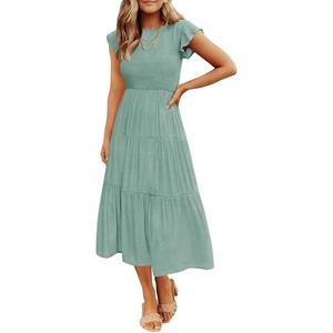 ZESICA Women’s 2026 Summer Casual Flutter Short Sleeve Smocked Midi Dress | Crew Neck, Elastic Waist, Tiered, Boho Flowy Dresses, Soft Lightweight Fabric, Beach Brunch Date Party(Sage)