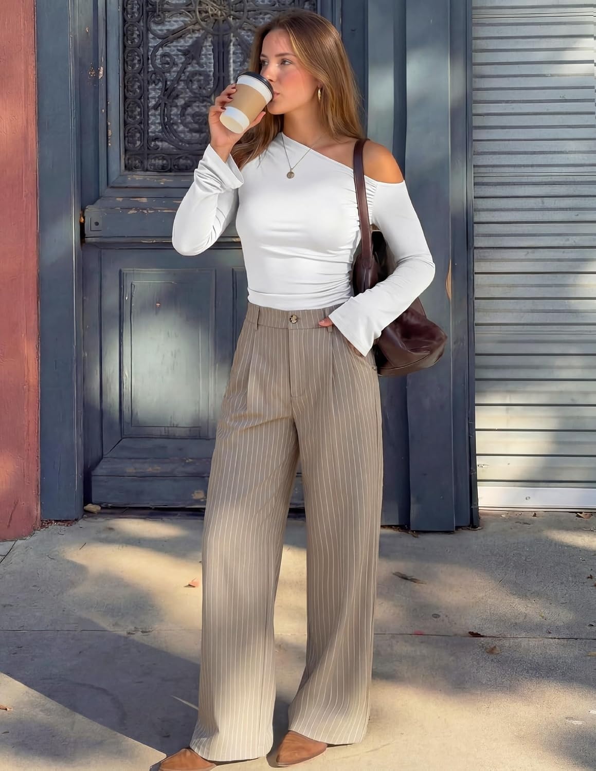 image:imageZESICA Womens Wide Leg Striped Business Work Palazzo Pants High Waist Button Down Side Pockets 2026 Straight Long Pant Dressy Office Slacks Work Trousers Early Fall FashionKhaki