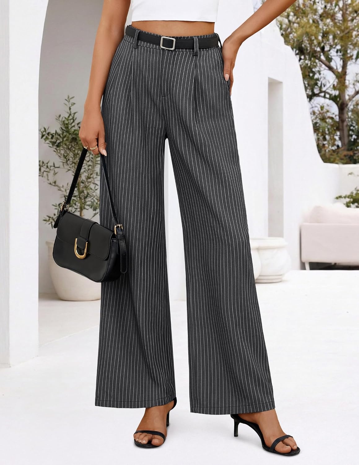 image:imageZESICA Womens Wide Leg Striped Business Work Palazzo Pants High Waist Button Down Side Pockets 2026 Straight Long Pant Dressy Office Slacks Work Trousers Early Fall FashionGrey