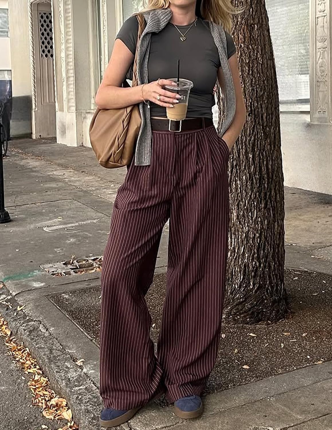 image:imageZESICA Womens Wide Leg Striped Business Work Palazzo Pants High Waist Button Down Side Pockets 2026 Straight Long Pant Dressy Office Slacks Work Trousers Early Fall FashionRedbrown